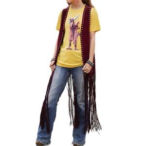 Crazy Train Burgundy Faux Suede Long Fringe Studded Vest OSFM